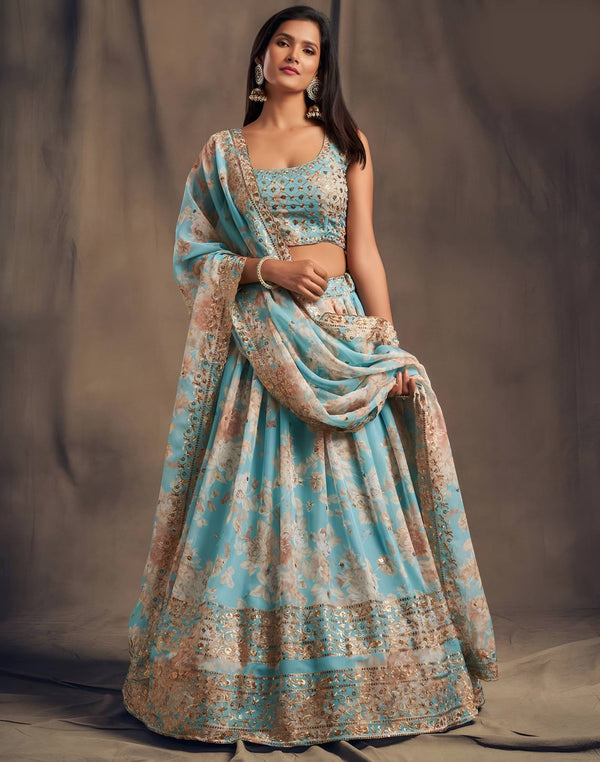 Soft Organza Digital Print Lehenga with Embroidered Blouse and Dupatta