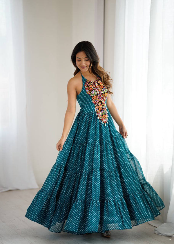 Teal Georgette Gown with Digital Print & Chain-Stitch Work