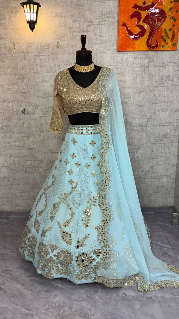 Sky Blue Faux Georgette Lehenga Choli with Dupatta