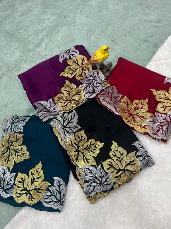 Satin Chiffon Silk Embroidered Saree with Banarasi Blouse – Leaf Design Cutwork