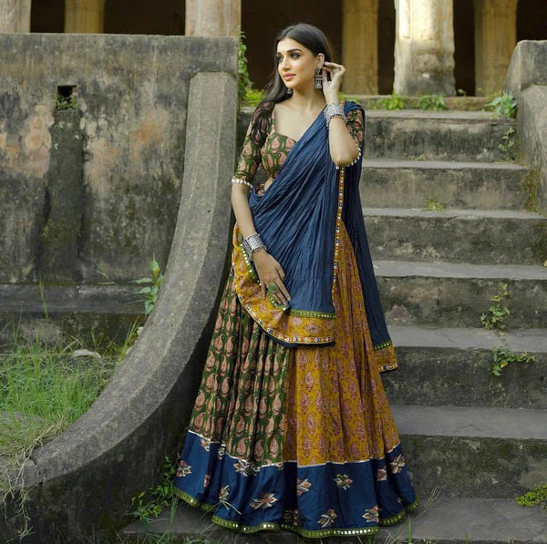 Printed Rayon Lehenga Set with Real Mirror Work and Mal Cotton Dupatta