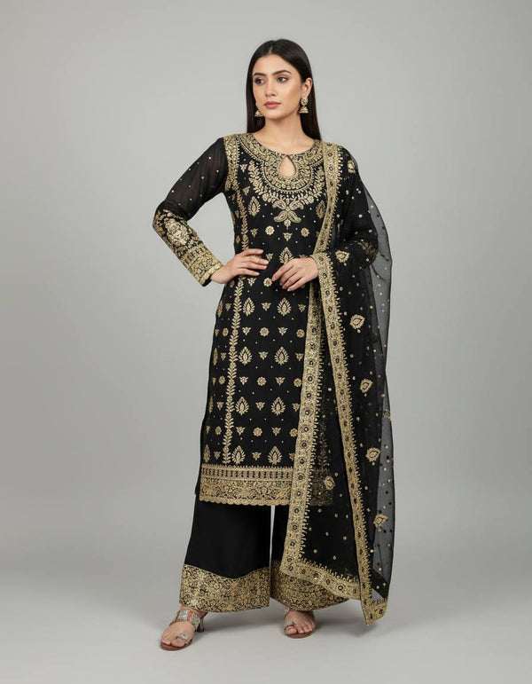 Black & Maroon Faux Georgette Embroidered Suit Set