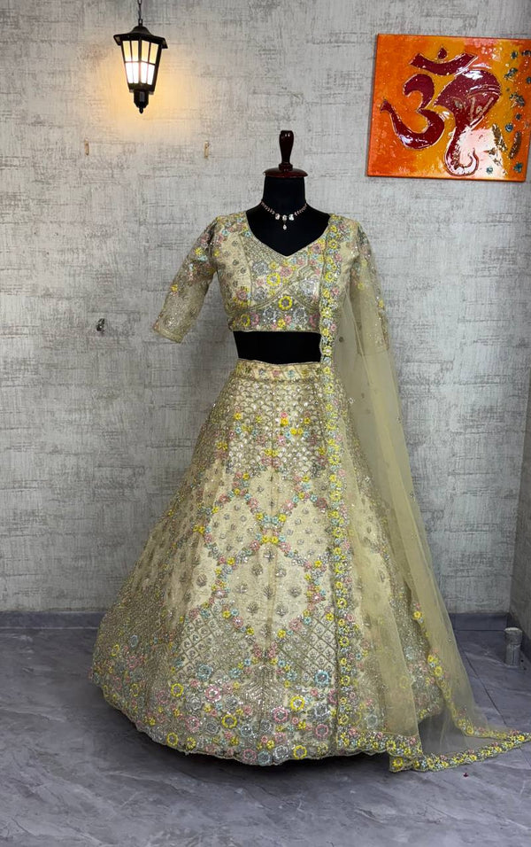 Beige & Light Purple Butterfly Net Embroidered Lehenga Choli with Dupatta