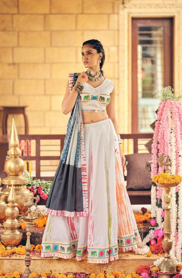 White Pure Cotton Shibori Print Lehenga Set with Embroidery