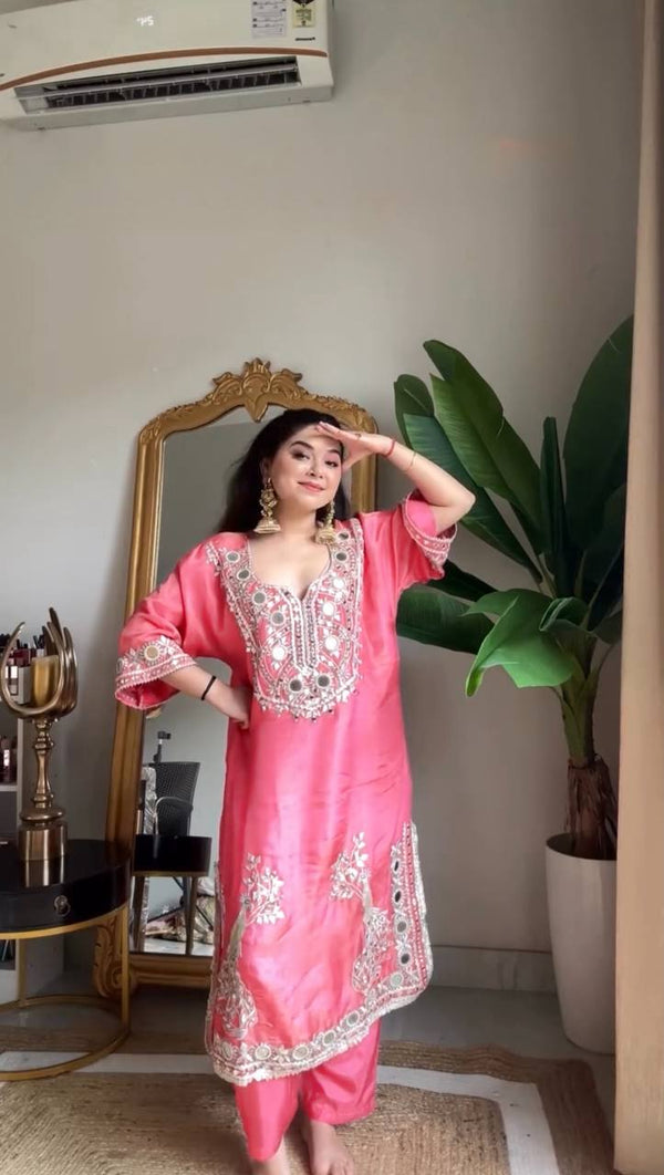 Pink Roman Silk Sharara Set with Sequin & Mirror Work