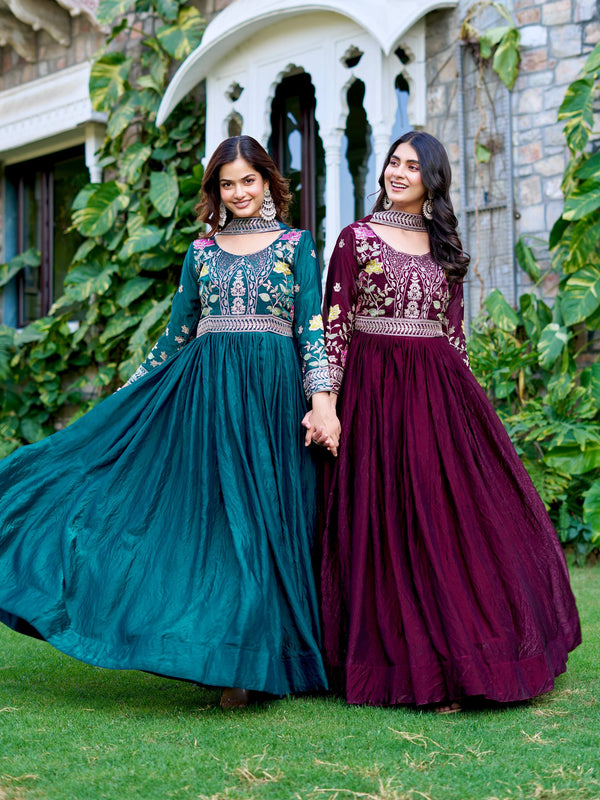 Teal & Maroon Fendy Silk Gown with Heavy Cording Sequence & Thread Embroidery
