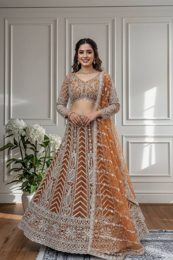 Bronze Butterfly Net Sequins & Cording Embroidered Lehenga Set