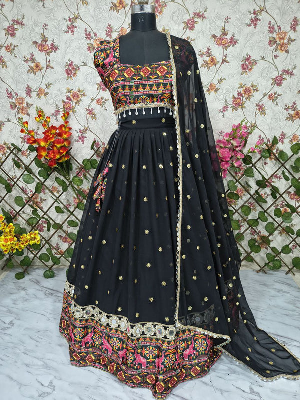 Black Navratri Special Georgette Lehenga Choli with Dupatta