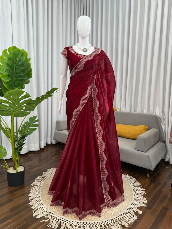 Maroon Jimmy Chu Saree with Intricate Hot Fix Work