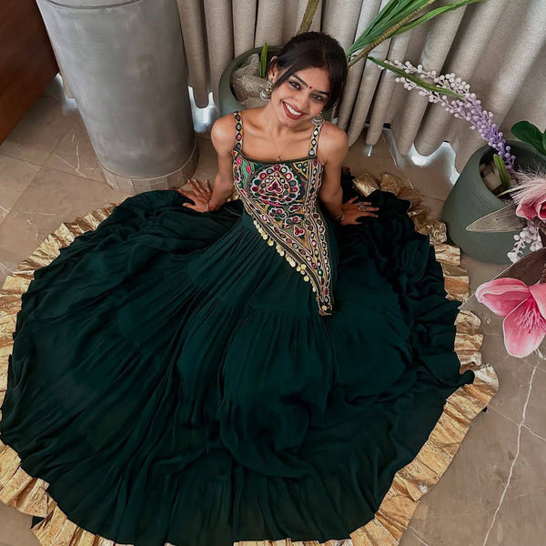 Teal Chinon Lehenga with Printed Poly Rayon Blouse and Mirror Work
