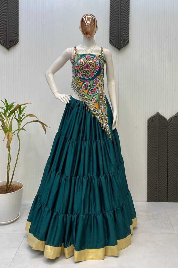 Teal Chinon Lehenga with Printed Poly Rayon Blouse and Mirror Work