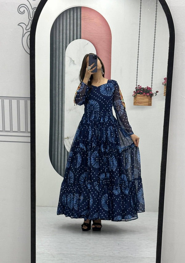 Blue & Green Navratri Special Faux Georgette Gown with 9-Meter Flair