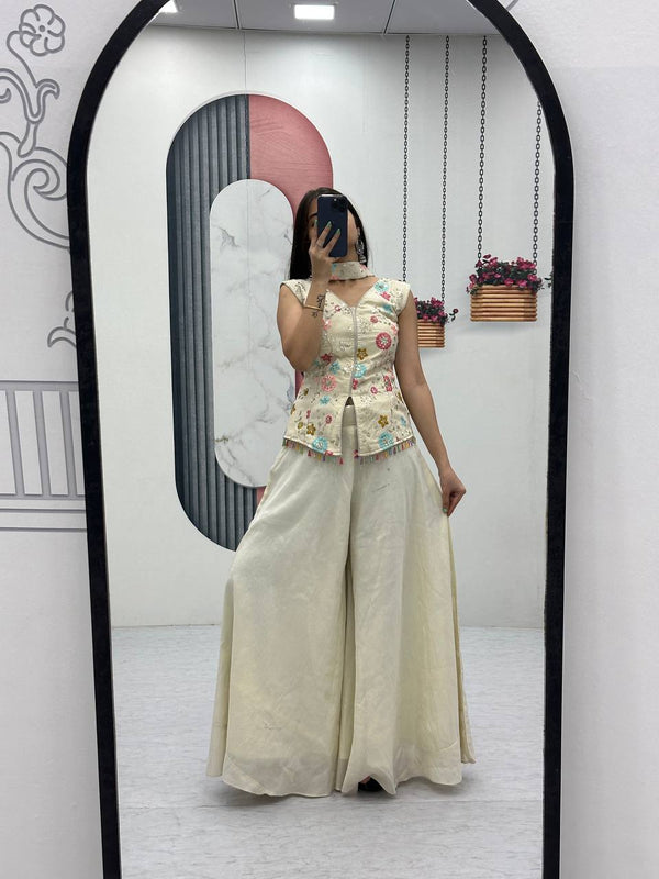 Off White Pure Tissue Shimmer Heavy Embroidered Plazzo Set