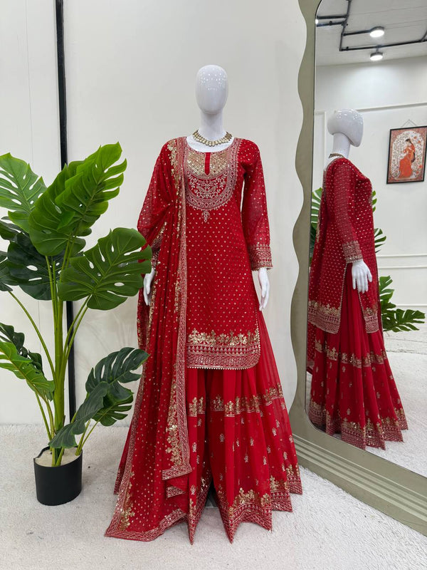 Red Faux Georgette Thread–Sequence Sharara Set