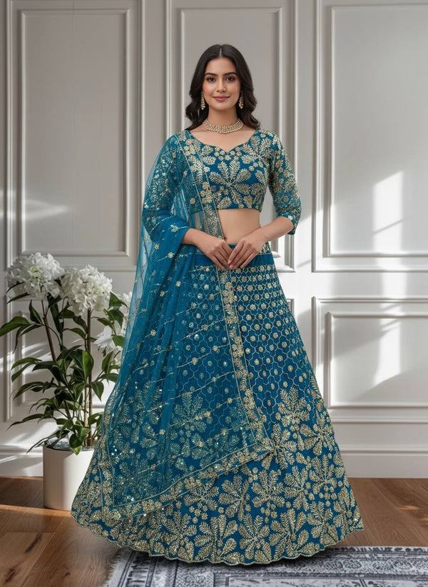 Blue & Purple Butterfly Net Embroidered Lehenga Set