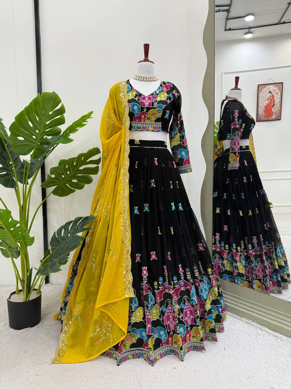 Black Faux Georgette Lehenga Set with Sequins Work