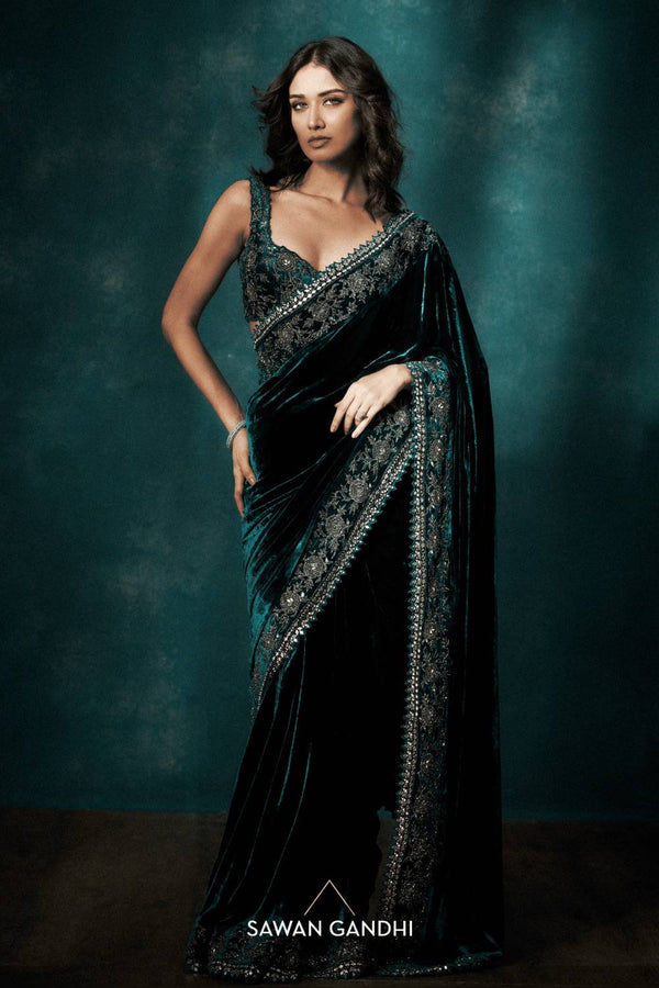 Dark Green Pure Viscose Velvet Embroidered Saree