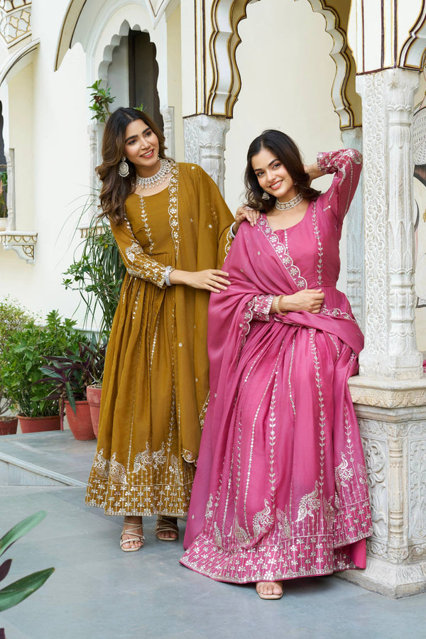 Mustard & Rani Star Georgette Gown with Heavy Sequin Embroidery