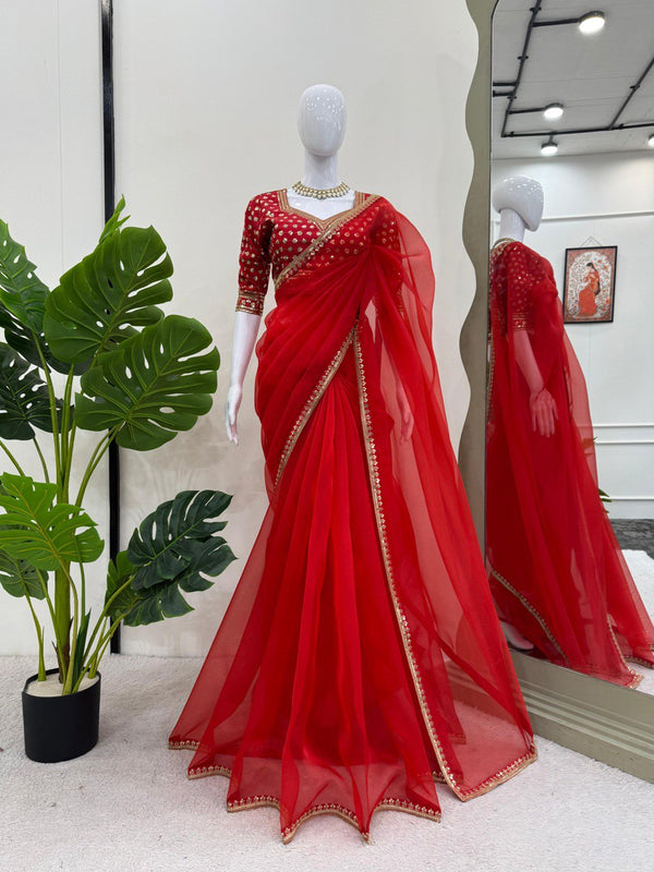 Red Heavy Organza Silk Saree with Thread and Sequence Work