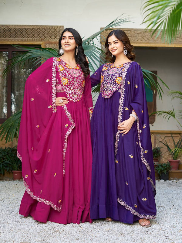 Pink & Purple Star Georgette Embroidered Gown Set