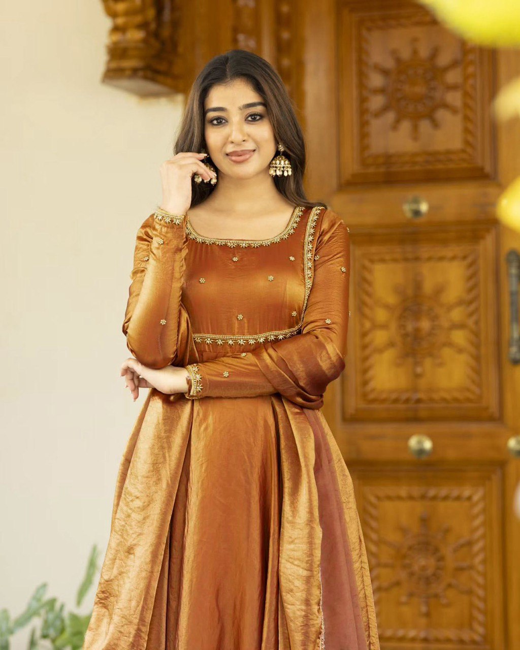 Brown Fandy Silk Thread & Sequin Embroidery Gown with Dupatta Tiamgee Brown Fandy Silk Thread & Sequin Embroidery Gown with Dupatta Tiamgee