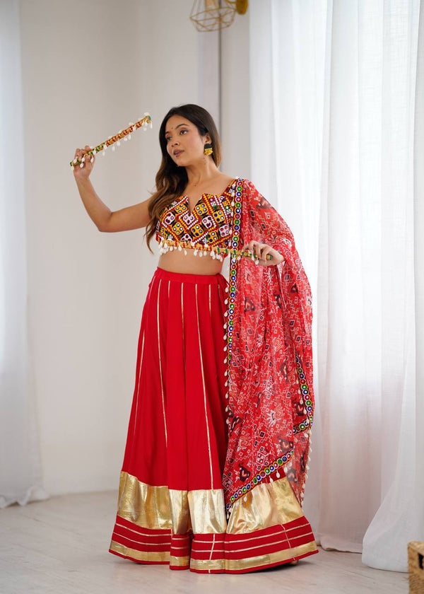 Red Heavy Rayon Lehenga Set with Lagdi Patta, Gamthi & Real Mirror Work