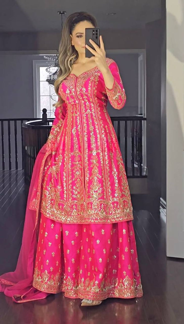 Pink Heavy Malay Satin Silk Embroidered Sharara Set