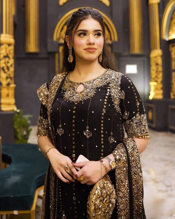 Black Faux Georgette Suit Set with Sequin & Rivet Moti Work