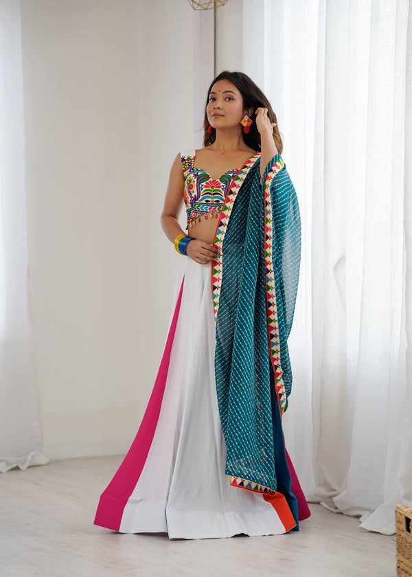 White Heavy Rayon Lehenga Set with Gamthi, Real Mirror & Kodi Work