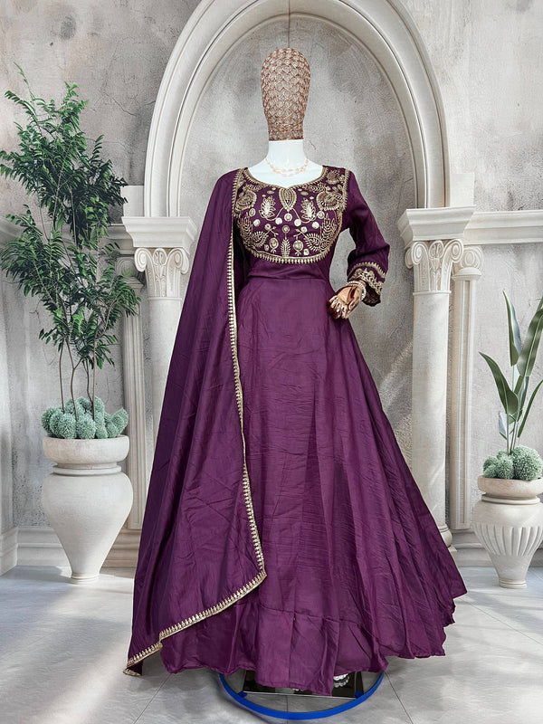 Purple & Blue Gown with 8M Flair & Embroidered Dupatta