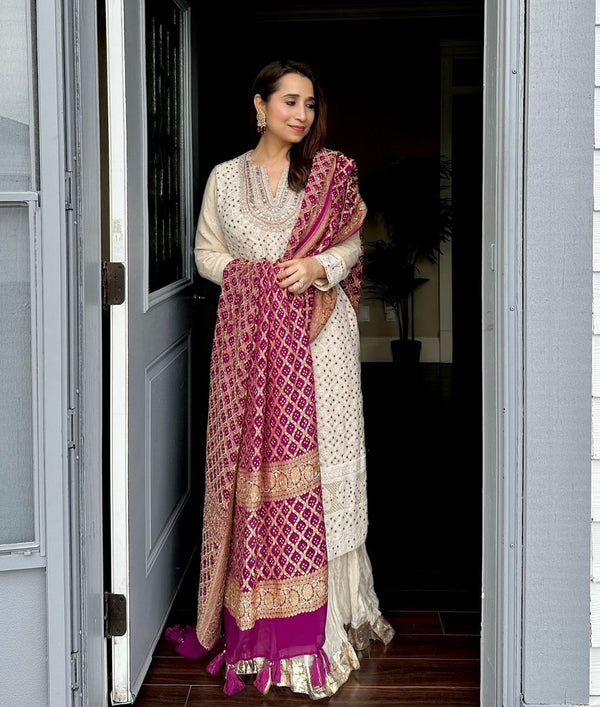 White Faux Georgette Embroidered Top with Palazzo and Soft Silk Dupatta