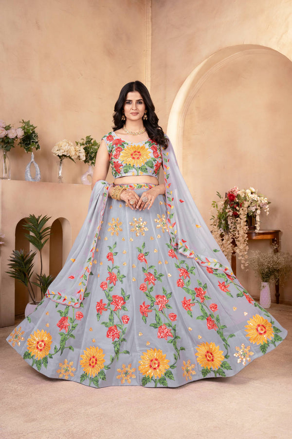Sky Blue Faux Georgette Embroidered Lehenga Set