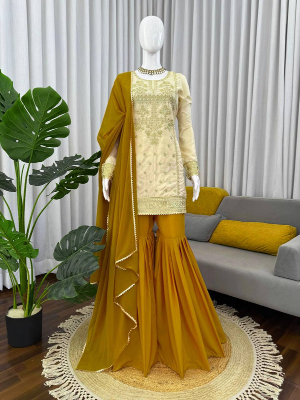 Off White Natural Crepe 3-Piece Sharara Suit with Dupatta