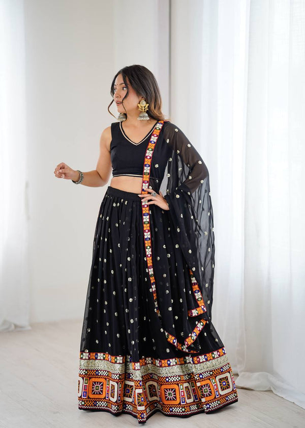 Black Faux Georgette Lehenga with Gamthi, Real Mirror & Sequin Work