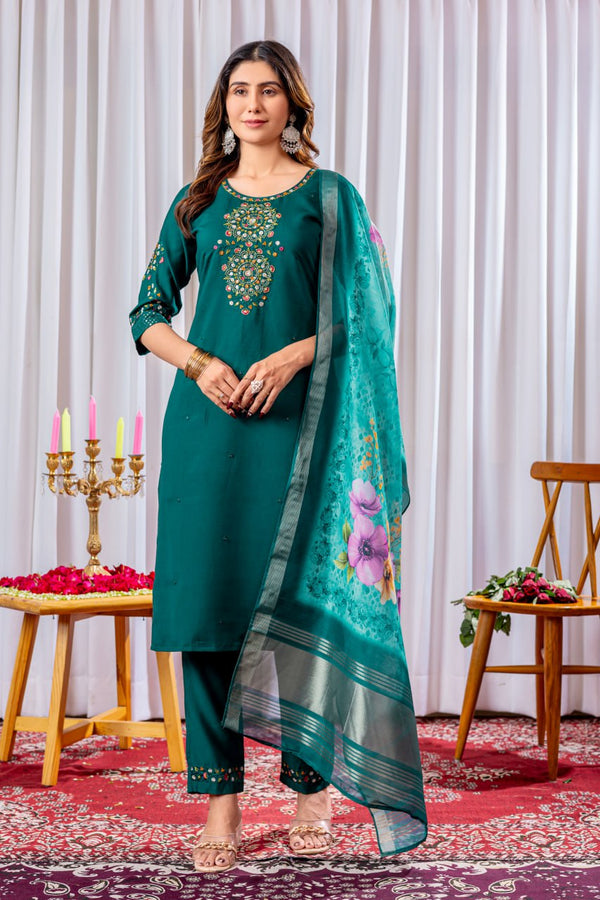 Viscose Silk Embroidery Straight Kurti Pant Dupatta Set