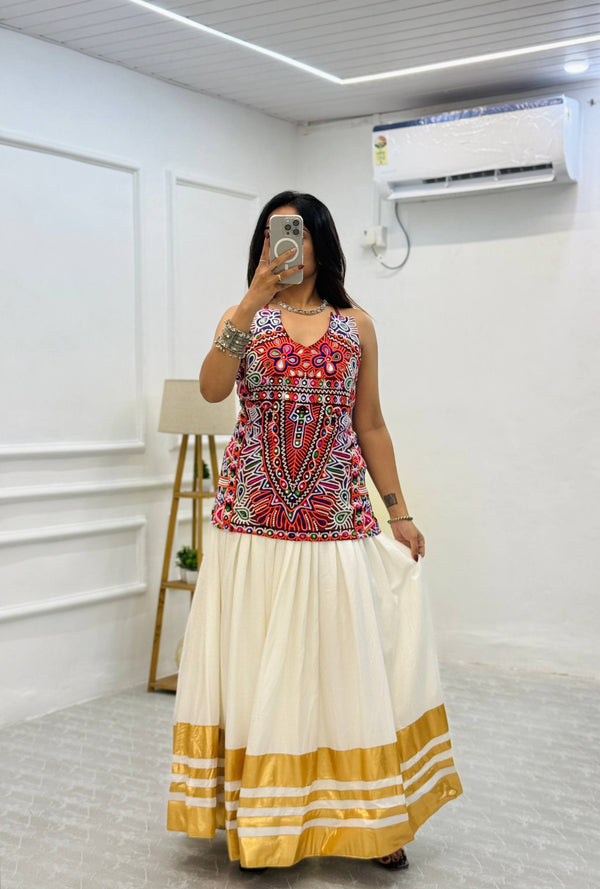 White Pure Cotton Embroidered Lehenga with Koti