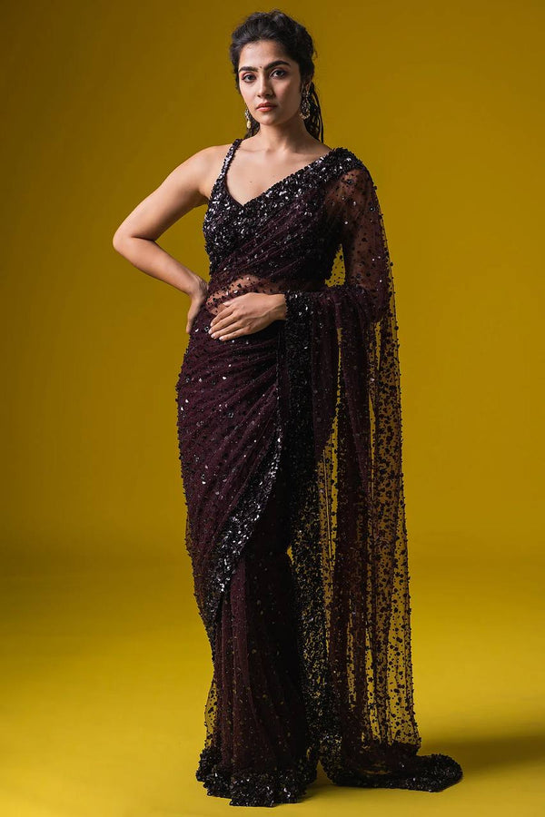 Wine Net Saree with Hologram Sequin Work