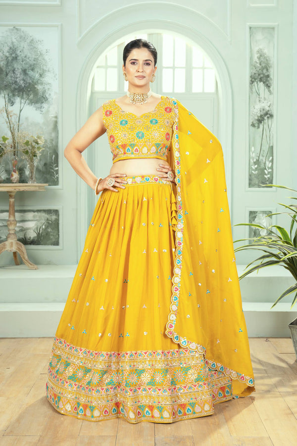 Yellow Star Georgette Embroidered Lehenga Set