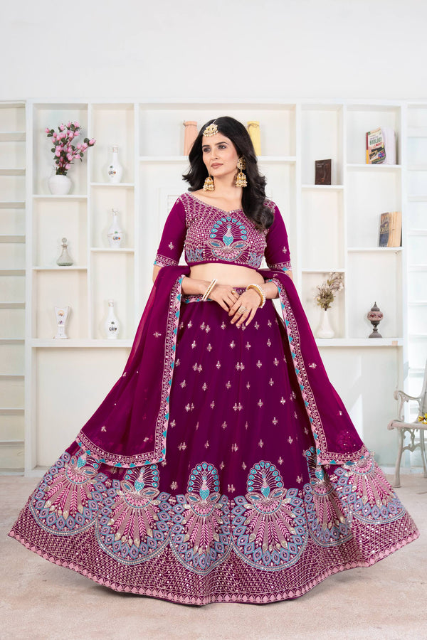 Dark Purple Faux Georgette Embroidered Lehenga Set