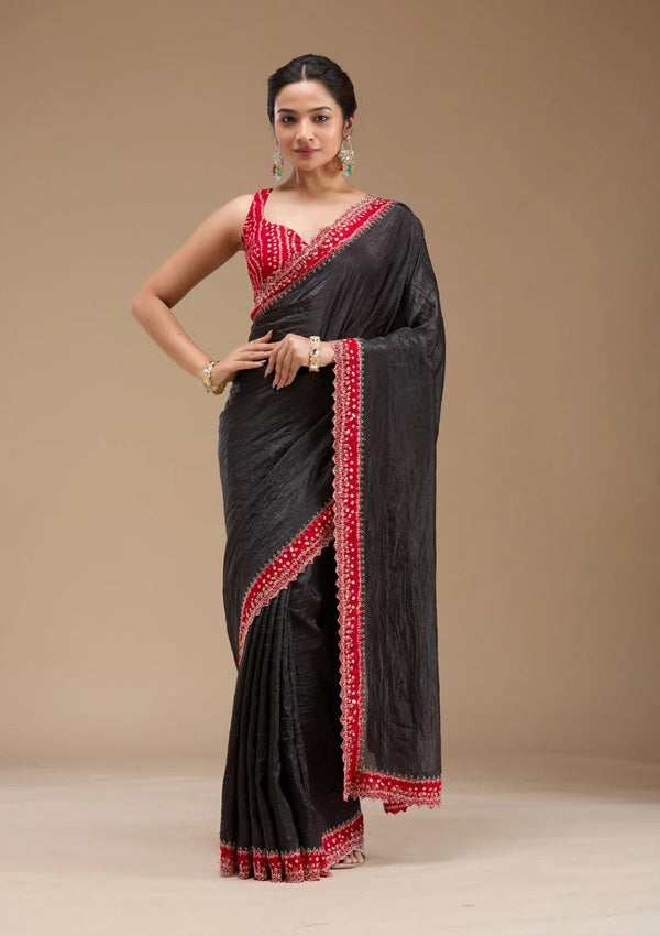 Black & White Tissue Gold Crush Saree with Bandhani Border and Handwork Detailing