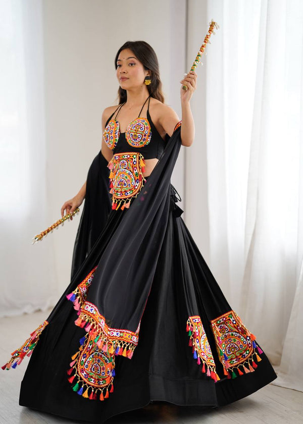 Black Heavy Rayon Lehenga with Gamthi, Real Mirror & Tassel Work