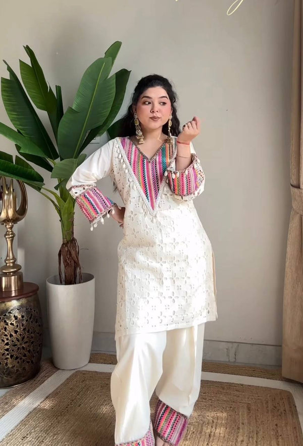 White Pure Khadi Cotton Co-ord Set with Schiffli & Thread Work