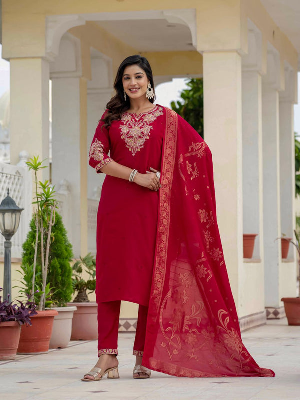 Roman Silk Kurti, Pant & Muslin Silk Dupatta Set