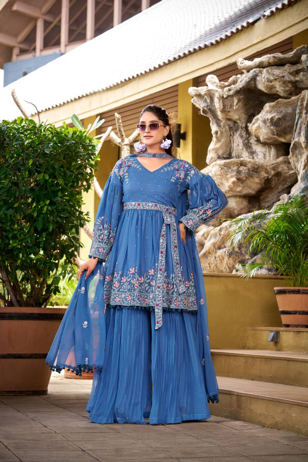 Sky Blue & Pink Georgette Kurti Set with Palazzo and Dupatta