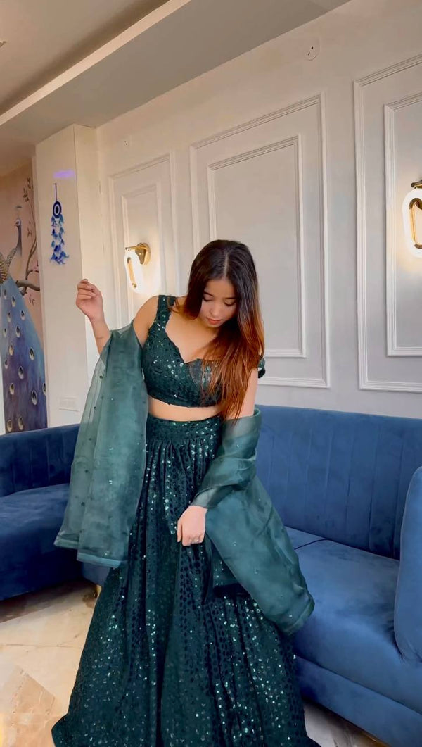 Dark Green Heavy Sequin Georgette Lehenga Set with Organza Dupatta - Tiamgee