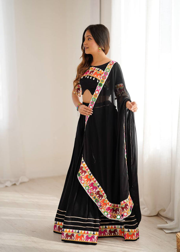 Black Heavy Rayon Lehenga with Gamthi, Real Mirror & Tassel Work