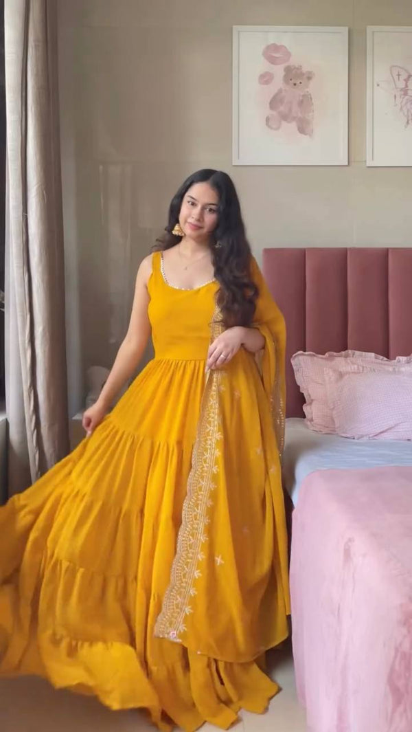 Yellow Faux Georgette Anarkali Suit with Dupatta