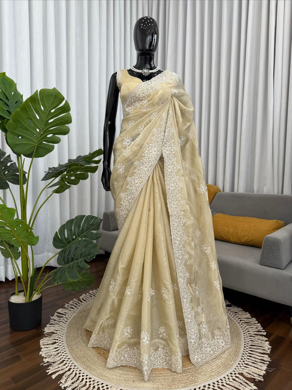 Beige Jimmy Chu Saree with Coding and Thread Work