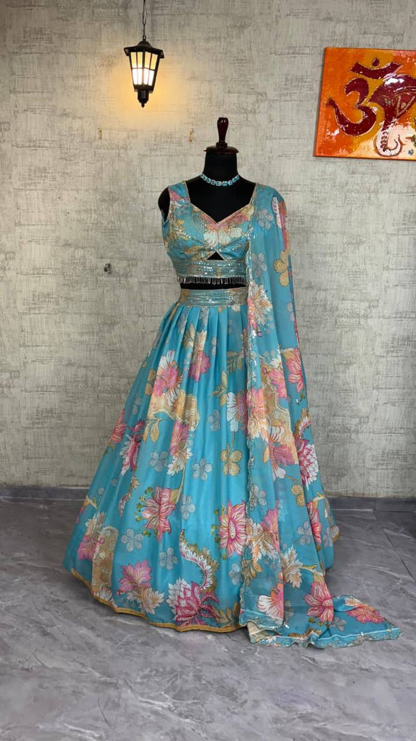 Sky Blue Star Georgette Lehenga Choli with Digital Print & Embroidery Dupatta