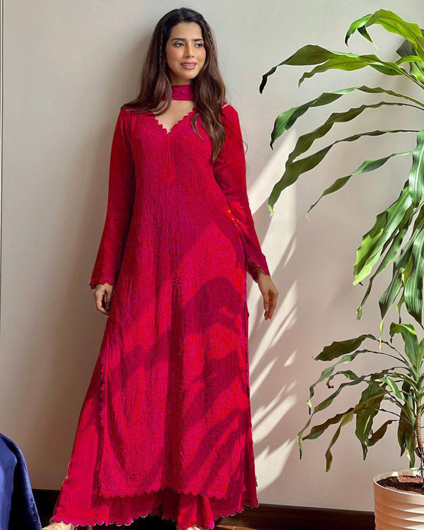 Faux Georgette Kurti Set with Embroidered Palazzo and Dupatta